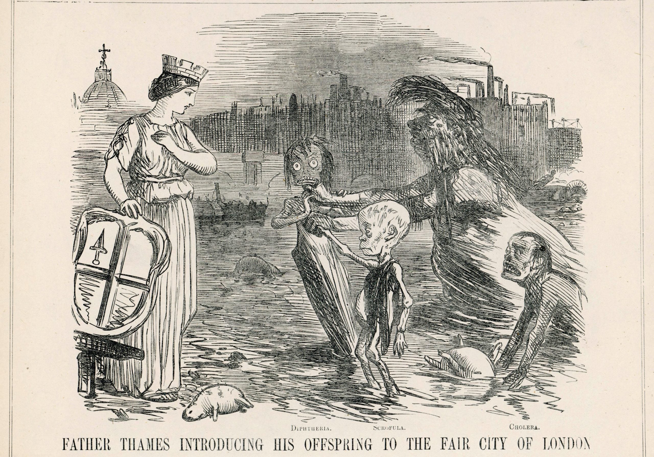 G383T3 Father Thames introducing his offspring to the fair city of London; diphtheria, scrofula and cholera      Date: 1858